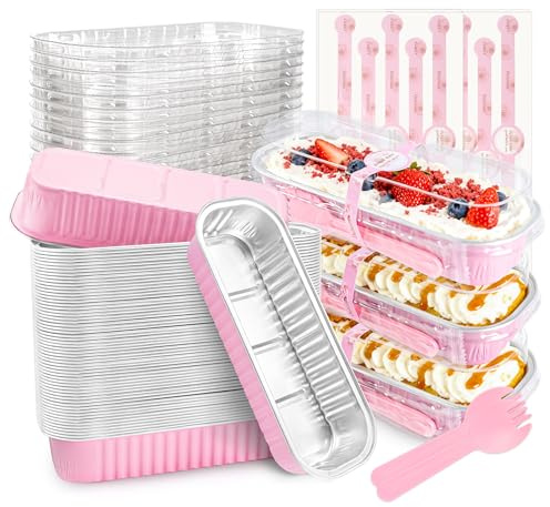 NPLUX 50 PACK Mini Cake Pans with Lids and Spoons,Rectangular Aluminum Foil Bread Pan,Mini Loaf Pans and Food Containers with Lids Mothers Day Gifts Party Favors(Pink,6.8oz)