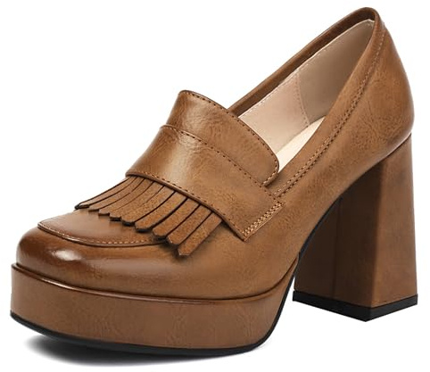 Donna Tacco a Blocco Loafer Square Toe Tacco Alto Scarpe Senza Chiusura con Plateau Classico Scarpe da Festa E84549Lj Marrone Numero 37 EU/38Cn