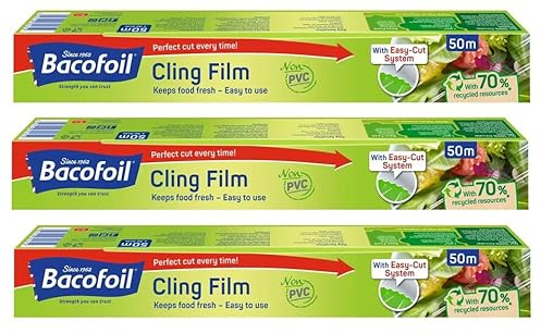 3 x pellicola trasparente senza PVC con lama curva, facile da tagliare, facile da usare, senza BPA, 100% riciclabile, non PVC, perfetta per confezionare alimenti congelati e mantenere il cibo fresco