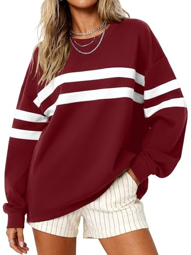 MASCOMODA Felpa da donna 2026 a maniche lunghe, girocollo, oversize, a righe, con top a blocchi di colore, pullover casual primaverile, Vino rosso, Large
