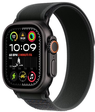 Apple Watch Ultra 2 GPS + Cellular 49 mm Sportwatch con robusta cassa in titanio Nero e Trail Loop Nero - S/M. Fitness tracker, GPS di precisione, tanta autonomia, luminoso display Retina