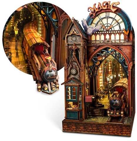 FUNPOLA Puzzle 3D LED Magic Station Book Nook – Miniatura mágica interactiva con Espacio de expansión Infinito, Inserto DIY para estantería, decoración y Regalo Creativo (Estación Mágica)