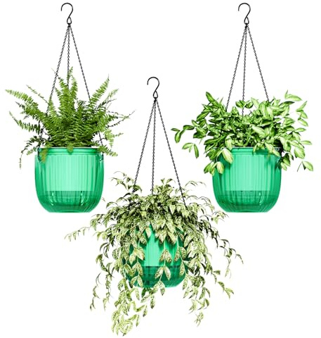 Bamworld Macetas colgantes para plantas de interior, macetas de riego automático con agujero de drenaje, paquete de 3 macetas colgantes de 6.5 pulgadas con 3 ganchos, cadenas, plantas araña, macetas