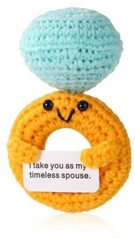 Positive Diamond Rings Doll, Handmade Crochet Proposal Wedding Ring Gifts Blue and Yellow Engagement Emotional Knitted Marriage Rings Toy for Couples Anniversary Women Support Present