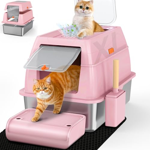 SZEETECH Katzenklo Edelstahl XL, Groß Edelstahl Katzentoilette mit Deckel, Stainless Steel Cat Litter Box, Geschlossen Katzen Klo, Zwei Ausgänge, Schaufel+Matte+Trettstufe- 60x 40x 39,5cm(Rosa)