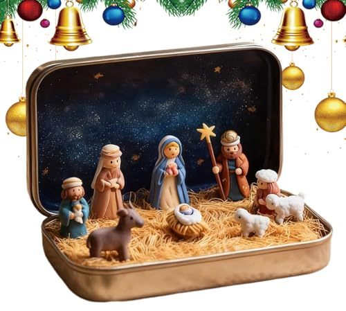 Générique Mini Crèche Noël dans Boîte Métal, 9.5x6cm Décor Poche Portable, Comprenant Statuettes Résine Sainte Famille, Moutons Et Jésus, pour Décoration Maison Et Noël