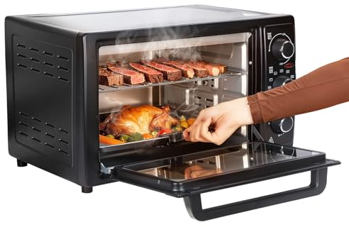 34QT/32L Convection Oven Countertop, 1500W Toaster Oven for Family Cooking, Multi Functional Electric Oven with Rotisserie Dehydrate Roast Bake Toast, 60 Minute Timer, Glass Door (Black)