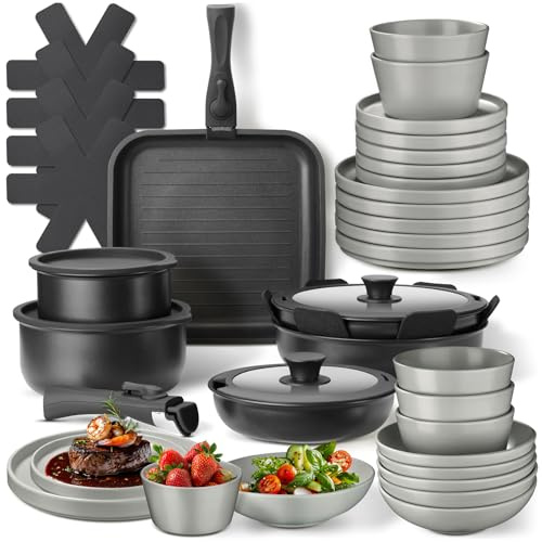 tectake® Set cucina per 6 persone 41 pezzi, stoviglie e pentole, 24 pcs tra piatti e ciotole, x microonde e lavastoviglie, 17 pcs tra padelle grill coperchi pentole manici removibili - Grigio/Nero