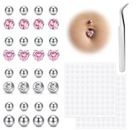 WillTen 32 finti piercing per ombelico a forma di peircing, con clip per ombelico, non forati, con zirconia cubica bianca, per naso, sopracciglio, labbro, pelle, Acciaio inossidabile