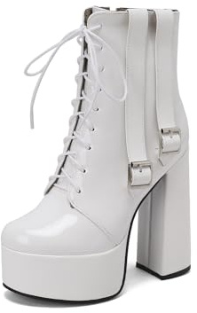 TNMIUH Bottes à Plateforme pour Femme, Bottines à Lacets avec Talon Bloc Épais, Bottes de Combat en Cuir Verni avec Double Boucle, Chaussures de Fête Noir, Rose, Blanc,Blanc,40 EU