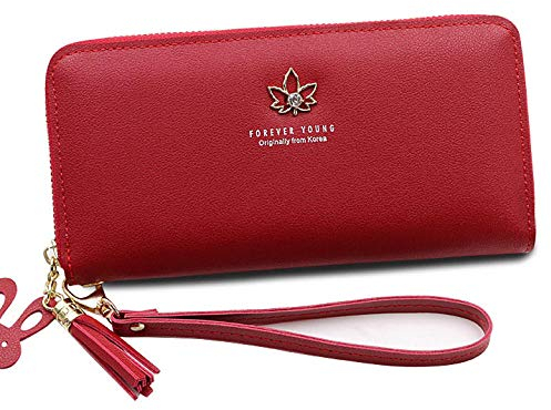 MrShuai Geldbeutel Damen Leder Gross Geldbörse Damen Groß Viele Fächer Mit Handyfach, RFID Frauen Portemonnaie Lange Mode Reißverschluss Litschiblatt Handytasche Rot