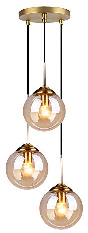 MZStech Industrial Retro Loft 3-Wege-Pendelleuchte, Cluster Kronleuchter Hängelampenbefestigung Messingbeschläge mit Glaskugel-Lampenschirm (Bernstein)