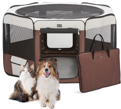 DONORO Dog Playpen 46 Portable Pet Play Pens for Small Medium Dogs, Foldable Exercise Kennel Tent Crate Indoor/Outdoor Travel Camping, Removable Top/Bottom (Brown, Large (46x46x23), 8)
