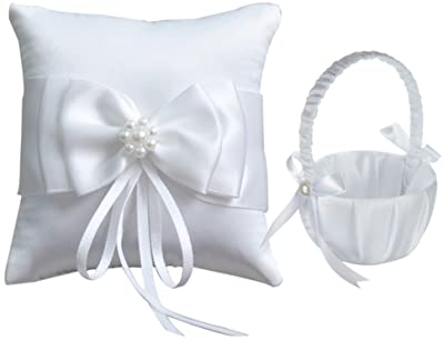 Sipiris Hochzeit Ringkissen Weiß,2PCS Braut Hochzeits Ringkissen und Blumenmädchen-Korb Kissen Ringkissen Vintage Ehering Kissen Eheringe Brautkissen für Hochzeits-Party Zeremonie