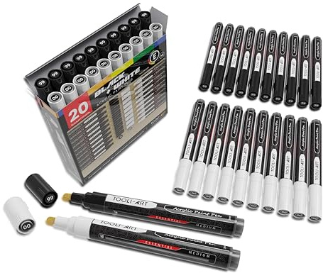 TOOLI-ART Svartvita akrylfärgmarkörer färgpennor set för stenmålning, duk, muggar, metall, glasfärg, tyg, trä, gör-det-själv. Giftfri, snabbtorkande, vattenbas (MEDIUM)
