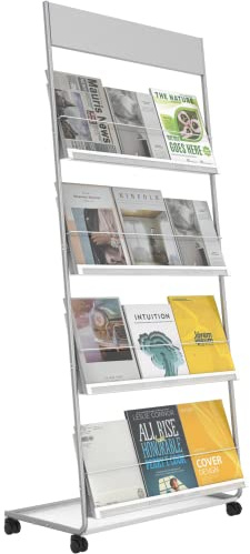 TONGMO Floor-Standing Magazine Rack 4-Layer with Wheels, Brochure Display Stand, High-hardness metal for Exhibitions, Office, and Any Organization Requiring Information Display (Silver)