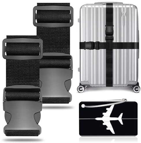 2 Stück Koffergurt Kofferband Gepäckgurt Einstellbare Kofferband mit 1 Stück Kofferanhänger, Gepäckband für Schnell erkennen Gepäck Reisetasche Koffer