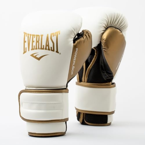 Guantes de Boxeo Everlast Powerlock 2R 16oz, Blanco/Dorado, para Saco y Sparring, Soporte de Muñeca Avanzado, Espuma Cuádruple, Agarre Ergonómico - Equipo Auténtico
