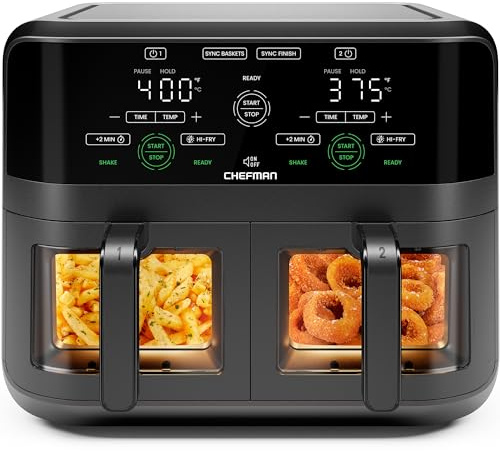 CHEFMAN 6 Quart Dual Basket Air Fryer Oven with Easy View Windows, Sync Finish, Hi-Fry, Auto Shutoff, 2 Independent 3Qt Nonstick Dishwasher Safe Frying Baskets, Digital Double Air Fryer - Black