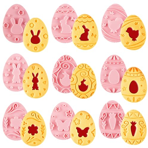 BOOSHMall Ausstechformen Ostern, 9 Stück Kunststoff Keksausstecher, Ausstecher Ostern 3D Kunststoff Ostereier Stempel Formen Keksstempel für Ostern Party, DIY-Backen