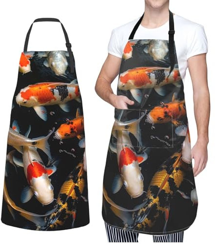 Lrtyuasq Delantal ajustable con 2 bolsillos para mujeres y hombres, con babero de koala y mariposa, delantales de chef para cocinar, Japón Fancy Koi Carp Fish, Talla única