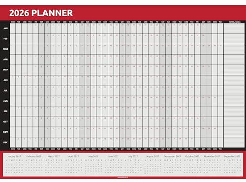 Calendario planificador de pared 2026, tamaño A1 (84 cm x 59 cm), calendario de vista anual para casa, oficina, trabajo, año completo (rojo)