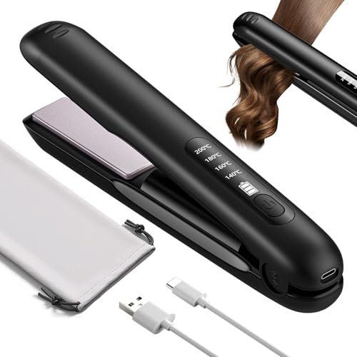 PUGTOW Cordless Hair Straighteners, Mini Portable Travel Wireless Hair Straightener Curler 2 in 1, 5000mAh Rechargeable Flat Iron Curling Wand Fast Heat Up, Anti-Scald 4 Temperature Levels