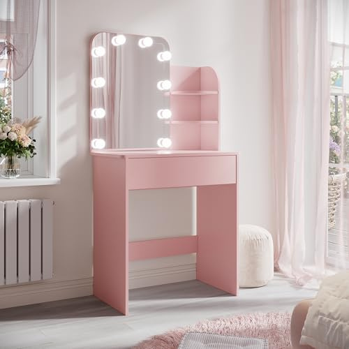 SIRHONA Sminkbord med spegel och 10 LED-lampor, sminkbord med två hyllor, sminkbord med stor låda, modern stil, rosa