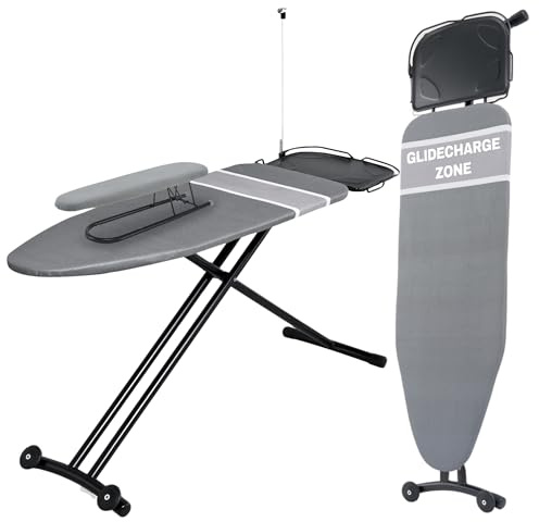 Avieto XXL Bügelbrett Dampfbügelstation 124x47 für Dampfbügeleisen | Bezug 5 Lagig | Armbügler | Dampfdurchlässig Hitzreflektierend GlideCharge Zone & Große Bügeleisen-Ablagefläche Kordelzug