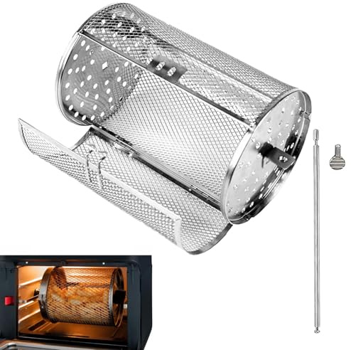 Roterande grillkorg, ny kyckling vingkorg automatisk, rostfritt stål luftfritös bur, kafferostare rund grillkorg, luftfriteringskorg, kapslade grillkorgar