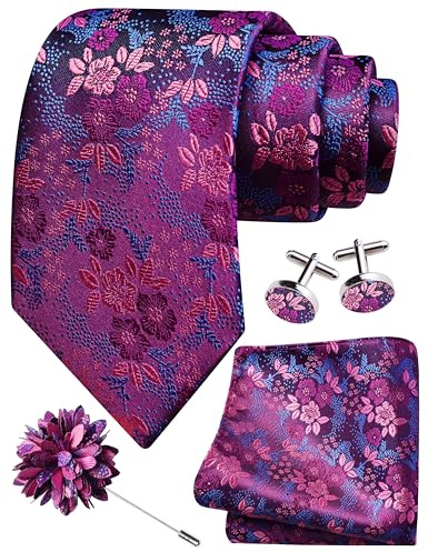 Gusleson Mens Red Purple Tie for Wedding Silk Floral Necktie Pocket Square Cufflinks and Lapel Pin Brooch Set (UK6107-31)