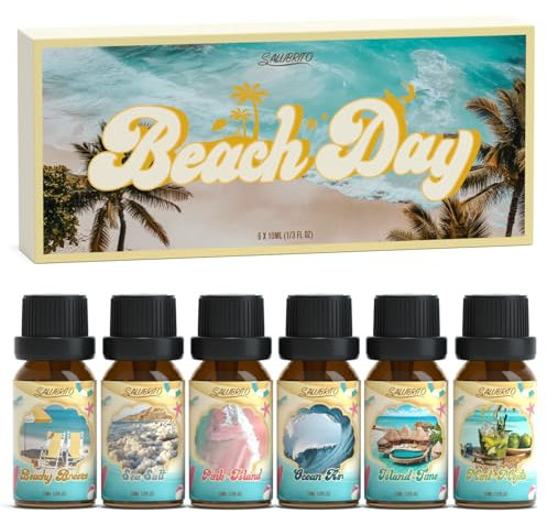 SALUBRITO Beach Day Essential Oil Set, Summer Fragrance Oils for Diffuser, Candle, Soap Making Scented Oil, Beachy Breeze, Sea Salt, Pink Island, Ocean Air, Island Time, Mint Mojito Aromatherapy Oil