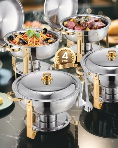 VEVOR Chafing Dish Buffet Speisenwärmer mit 4 Behältern in voller Größe (4,7 L pro), runder Catering-Wärmespender mit Deckel & Wasserpfanne & klappbarer Ständer, für Hochzeiten Partys Golden