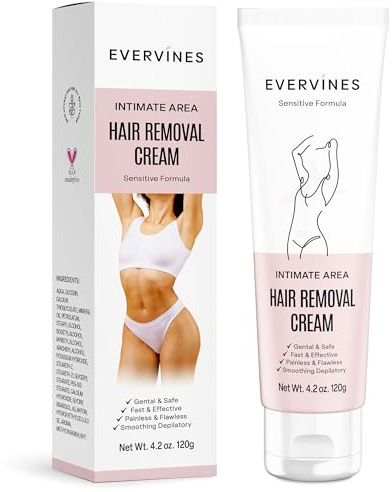 Evervines Hair Removal Cream for Women: Bikini Pubic & Intimate Areas Legs Arms Underarms - Fast Gentle Painless Depilatory with Scraper for Sensitive Skin at Home or Travel (4.2oz)
