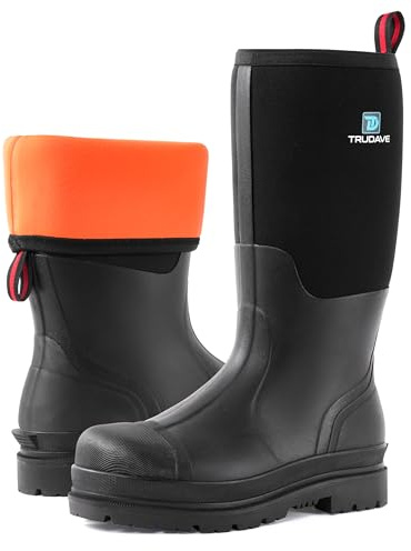 Trudave Rubber Boots for Men, Waterproof Rain Boots with Steel Shank & Reinforced Shell, 5mm Neoprene Insulated Knee mud Boots for Hunting Farming Fishing