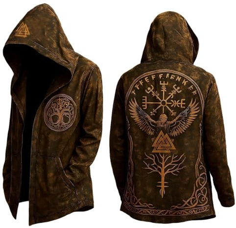 Duohropke Cosplay Viking Sweat à capuche pour homme - Longueur moyenne - Mythe nordique - Cool Biker - Veste en tricot avec capuche - Printemps - Automne - Veste traditionnelle - Cadeau médiéval