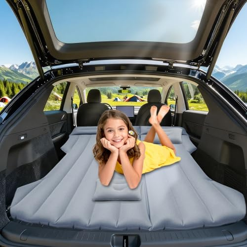 Luftmadrass för bil – uppblåsbar säng campingmadrass för Tesla Model Y SUV RV skåpbil, bagageutrymme, bärbar luftsäng dubbel sovdyna för bil, resetält utomhus, campingtillbehör 195 x 130 cm (grå)