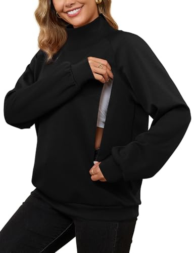 Bhome Nursing Sweatshirt for Breastfeeding High Neck Long Sleeve Nursing Shirt Zipper Maternity Pumping Top Pullover with Side Pockets,Black S