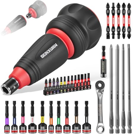 GEINXURN Set de 35 Tournevis à Cliquet Court Douille Magnétique Hexagonale Mini Cliquet Double Extrémité Multi-Embouts Magnétiques (PH/PZ/Torx/Hex) et Porte-Embout pour Réparation
