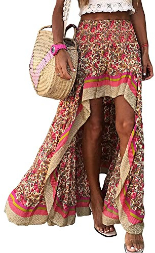 BTFBM Women 2026 Spring Summer Long Skirts Dress Boho Floral Elastic Waist Split Ruffle High Low Beach Maxi Skirt Clothes(X-Red, Medium)