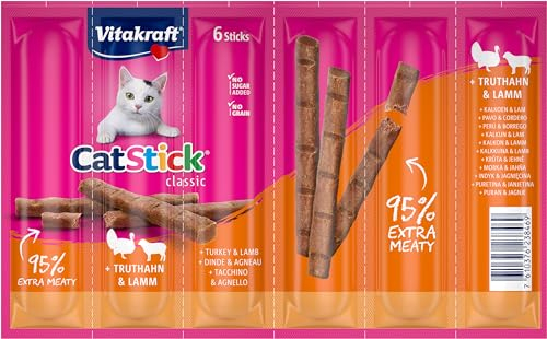 Vitakraft Cat Stick Classic, Katzensnack, fleischige Mini-Sticks, mit Truthahn und Lamm, ohne Zuckerzusatz (1x 6 Stück)