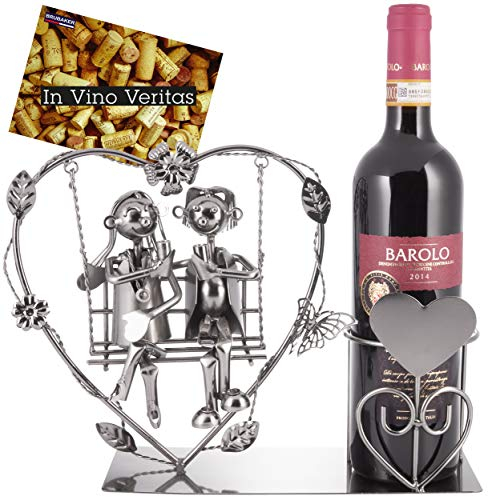 BRUBAKER Weinflaschenhalter Herz mit Liebespaar auf Schaukel - Romantischer Metall Flaschenständer - Paar Geschenk oder Deko Objekt - mit Grußkarte