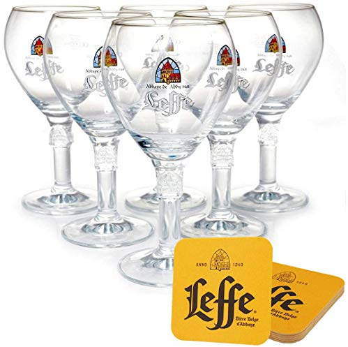 Franziskaner Leffe Bierglas 0,33 L [6er Set] mit 6 Originale Bieruntersetzer (Bierdeckel) - Original Leffe Gläser 0,33 L für Gastronomie und Sammlung - 33cl Bier Glas - Spülmaschinenfest - NEU
