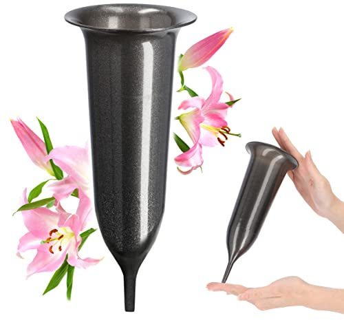 KADAX Jarrón funerario, jarrón de plástico, florero de plástico para Flores, jarrón de Cementerio, Resistente a Las heladas, jarrón para Tumba, decoración Resistente (10 cm, con estaca, Grafito)