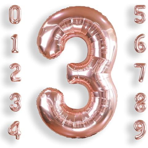 AULE Rose Gold Number 3 Balloon 40 Inch Giant 0-60 Foil Large Balloons | Big Mylar 3 Number Balloon Helium Huge Jumbo for Happy 3rd Birthday Party Anniversary Decorations Supplies