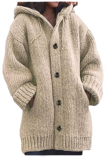 DECORN Women's Hooded Knit Sweater - Autumn and Winter Women's Knitted Sweater, Thick Long Sleeve Button Cardigan Jacket,Casual Outdoor Christmas New Year Gift.(Size: L, Khaki)