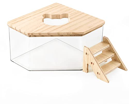 Hamster Sandbad, Pentagon Hamster Sandbad Behälter mit Kletterleiter, Groß Acryl Hamster Grabbox mit Holzabdeckung, Sandbad für Hamster Kleintiere