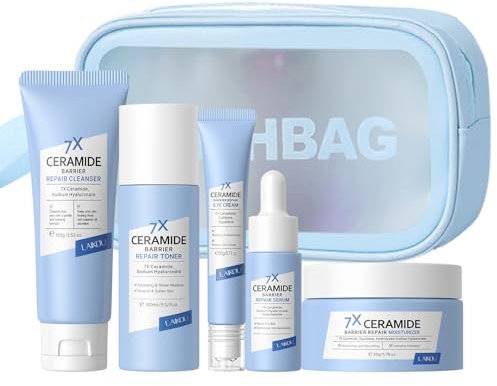 LAIKOU 7X Ceramide Set Skincare Viso Completo, Set Regalo per la Cura Della Pelle, 6Pcs Skincare Kit Completo con Detergente Viso Tonico Idratante Crema per Gli Occhi Siero Crema Borsa