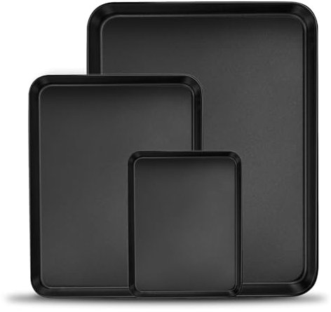 Non-Stick Baking Trays, Homikit Carbon Steel Sheet Pan Set of 3, Professional Oven Tins for Baking Roasting Cooking, Healthy, Heavy-Duty & Easy Clean, Rectangle & Black