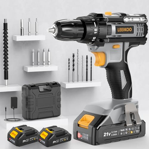 Taladro Atornillador Batería, LEEIKOO Atornillador Electrico 21V, 42N.m con 2 Baterías 2.0Ah, 18+1 Ajuste de Par, 2 Velocidad, LED Luz, 14 Accesorios Para Hogar, Bricolaje, Gris